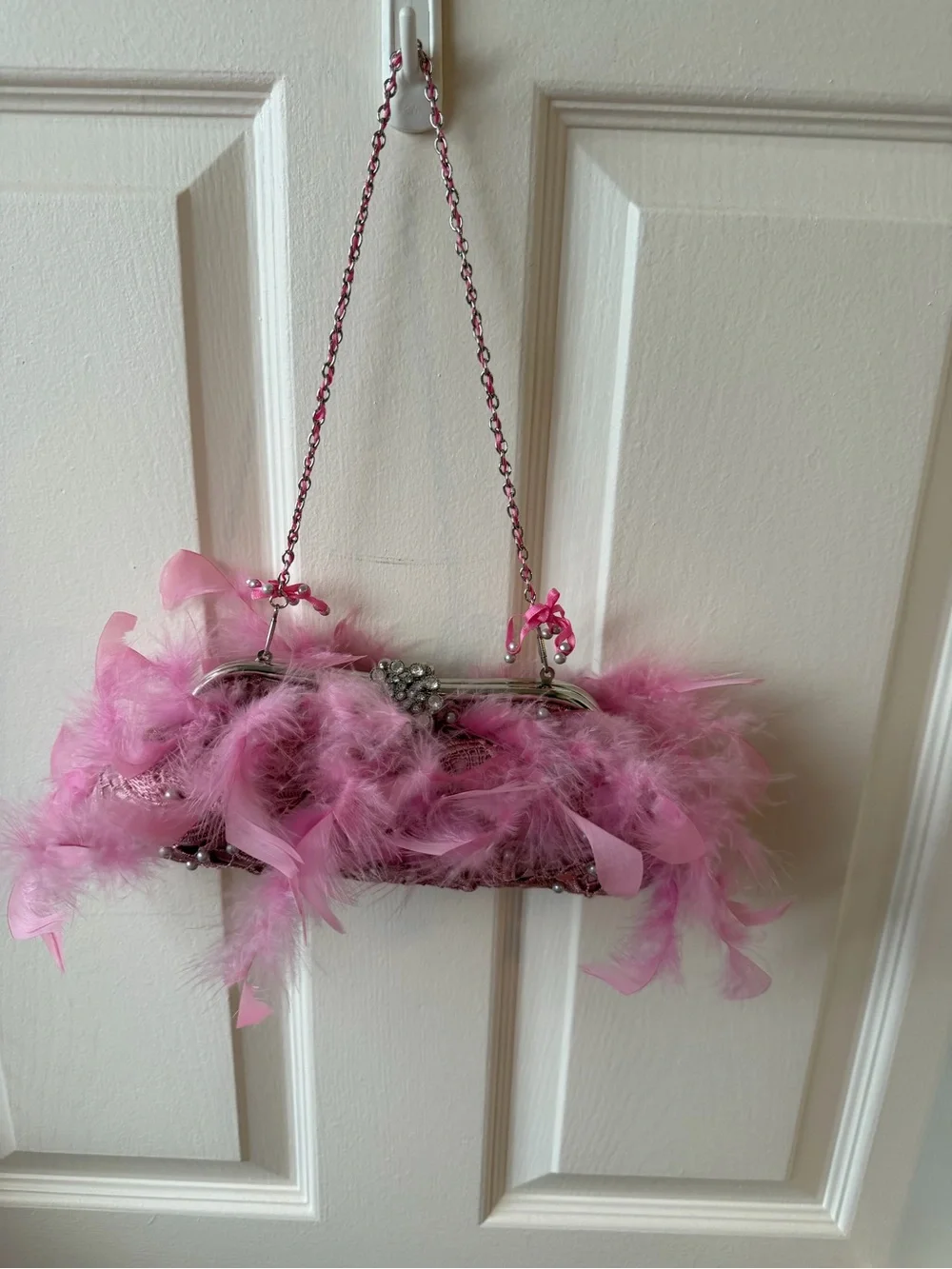 Pink Feather-Trim Evening Clutch with Chain Strap